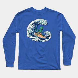 Martian Alien Surfing on a Great Wave // Funny Japanese Style Illustration Long Sleeve T-Shirt